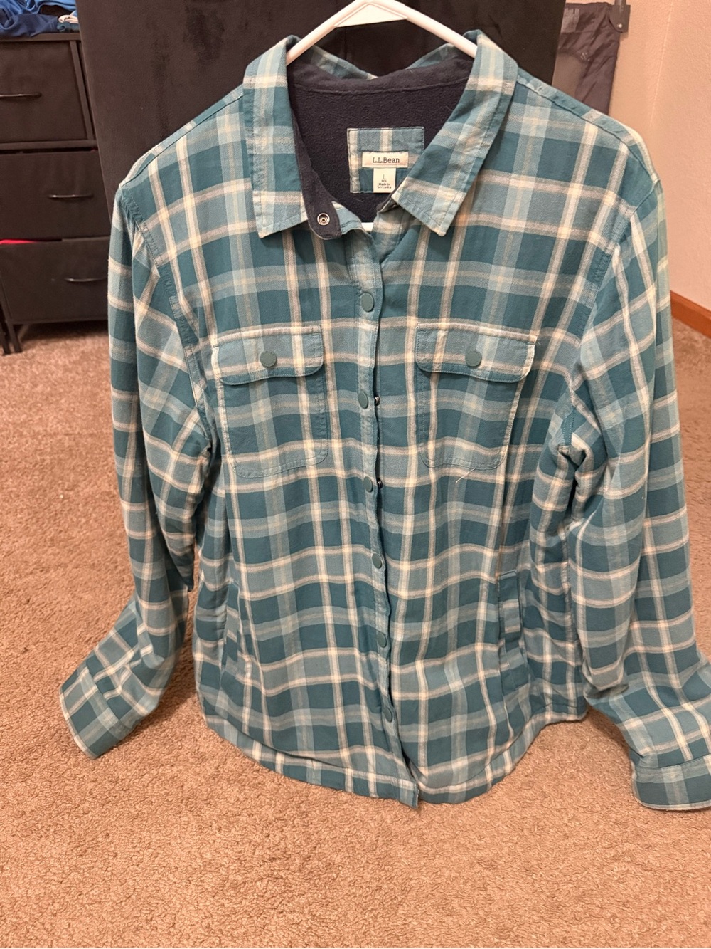 L.L. Bean Teal and White Plaid Button-Front fleece lined shirt
